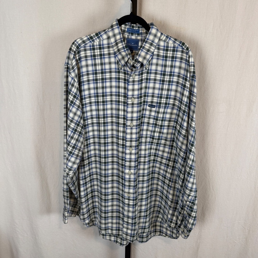 Faconnable Mens XL Button Down Shirt Plaid Blue Green Textured Cotton France